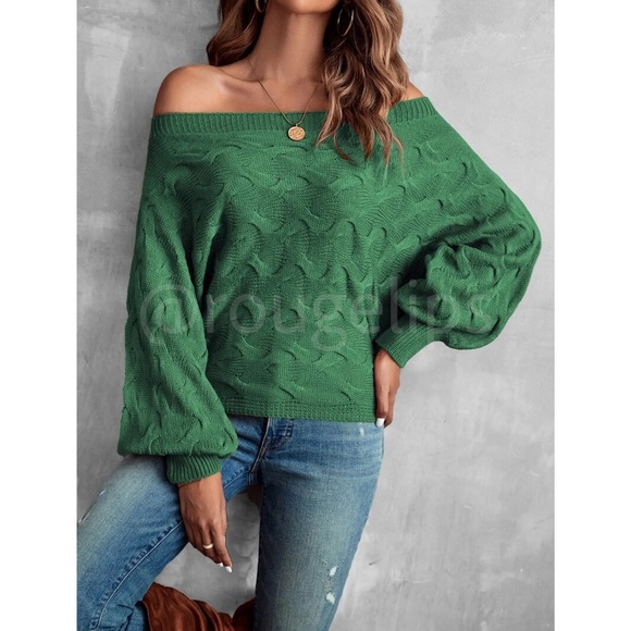 Off the Shoulder Batwing Sleeve Forrest Green Knit Sweater Pullover - Picture 6 of 8